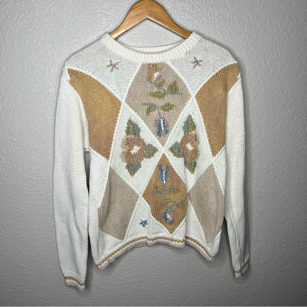 Vintage Granny Patchwork Floral Knit Sweater Cottagecore‎ Boho Neutral Medium M